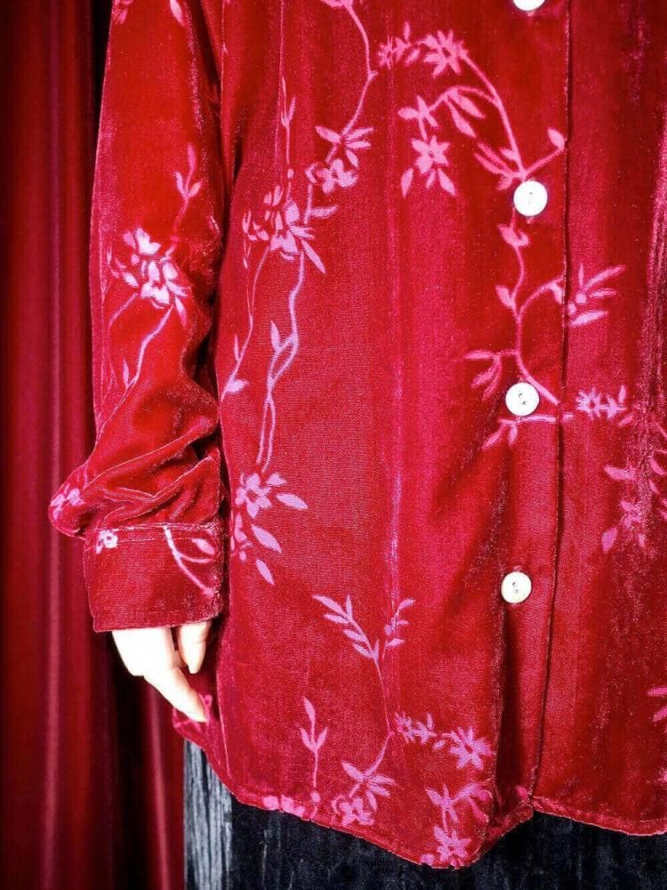 Crimson Red Velvet & Sheer Shirt