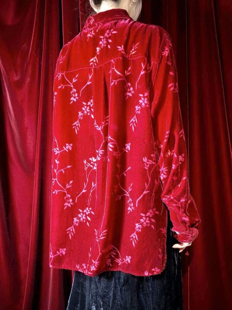 Crimson Red Velvet & Sheer Shirt