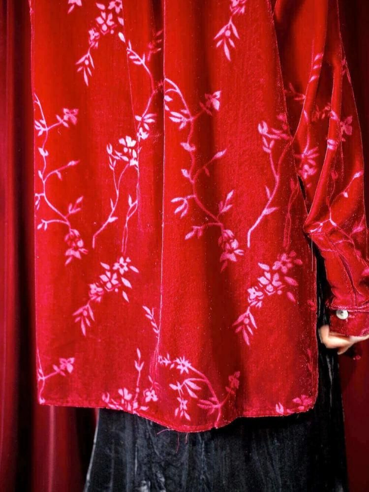 Crimson Red Velvet & Sheer Shirt