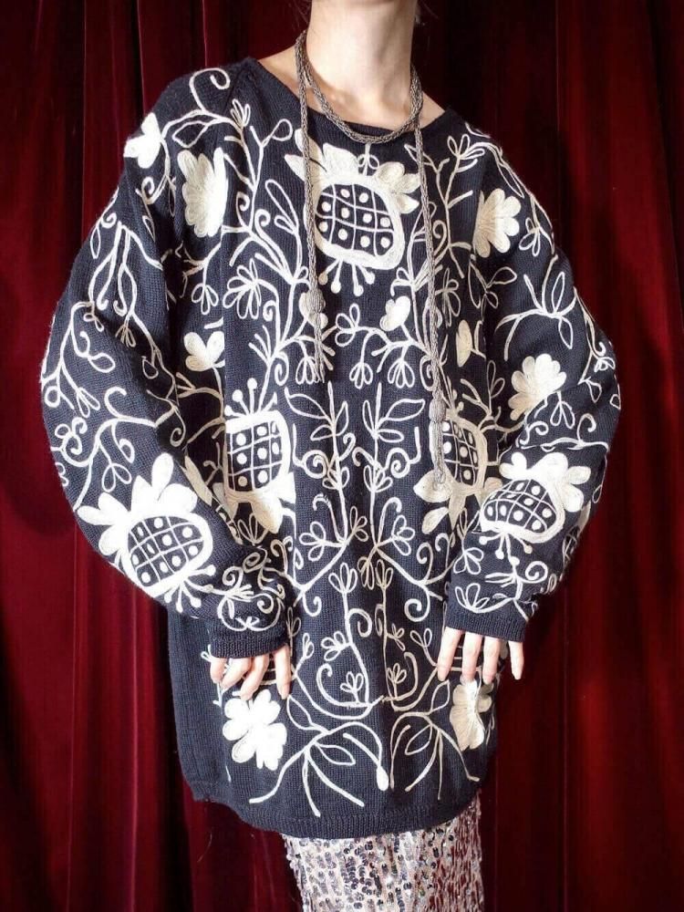 Black & White Allover Embroidery Knit Sweater