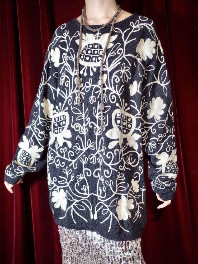 Black & White Allover Embroidery Knit Sweater