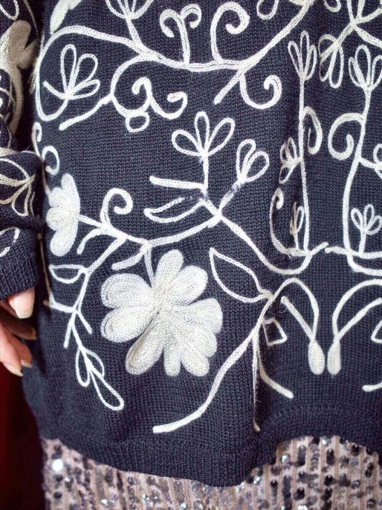 Black & White Allover Embroidery Knit Sweater
