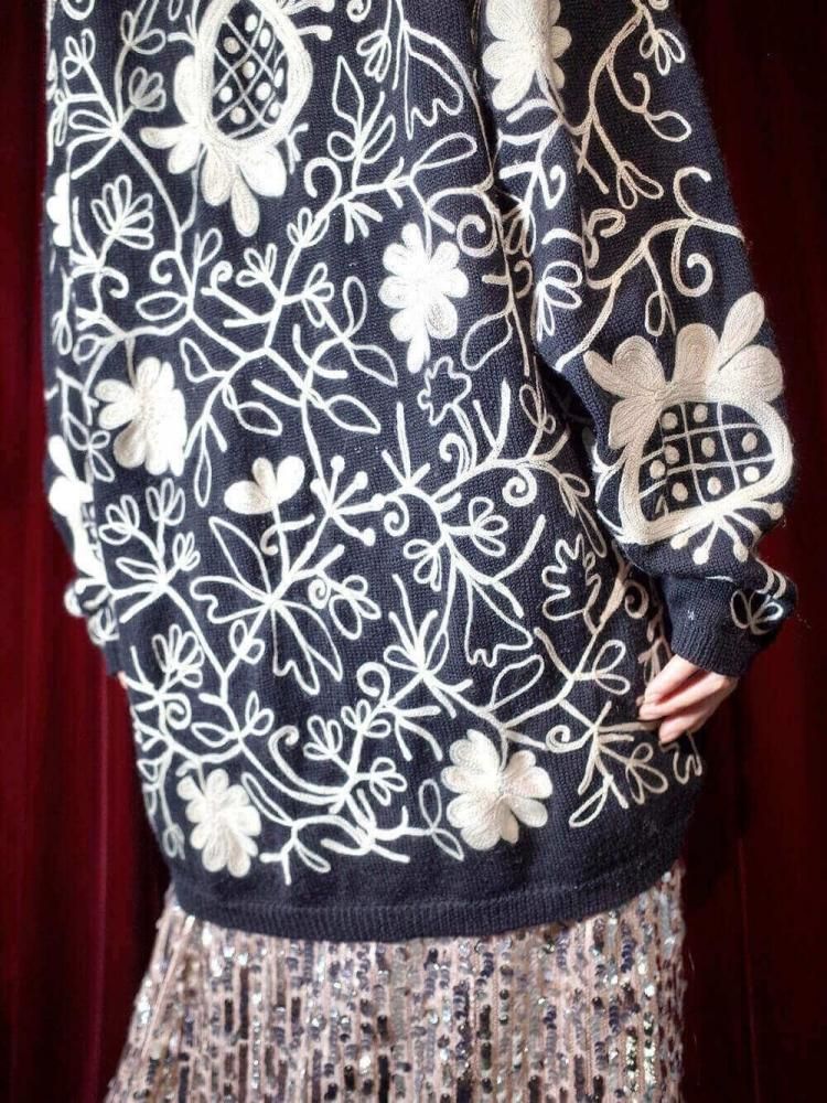 Black & White Allover Embroidery Knit Sweater