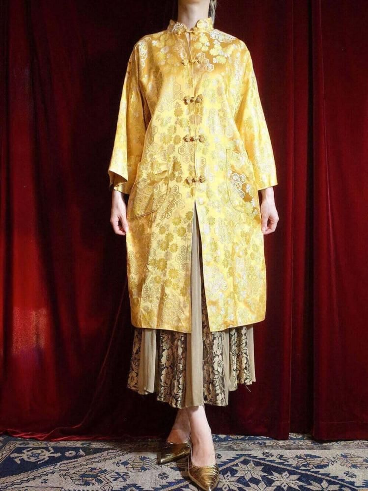 c.1960s Oriental Yellow Jacquard China Gown