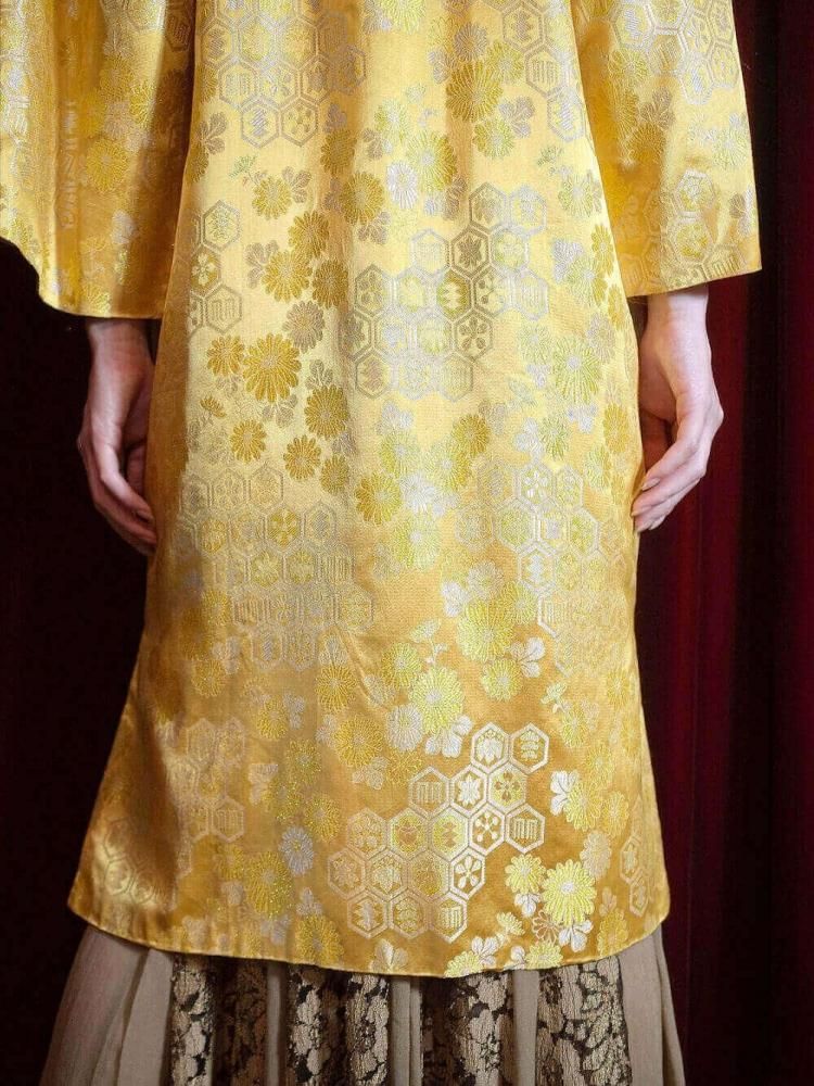 c.1960s Oriental Yellow Jacquard China Gown