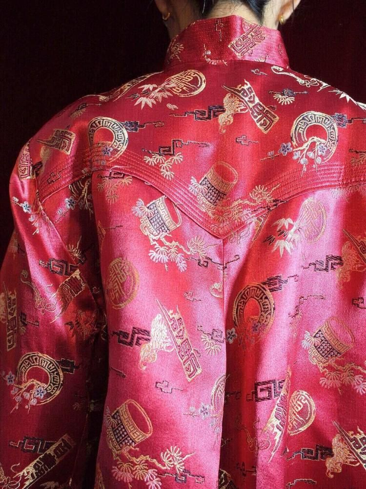 Oriental Red Jacquard Yoke Design China Jacket