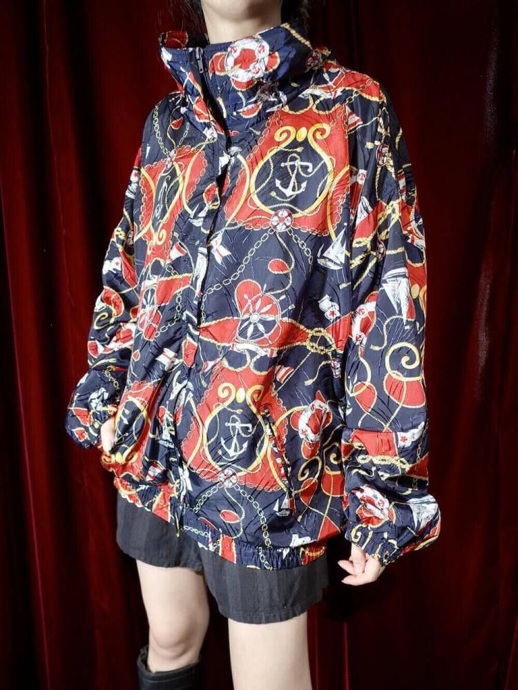 Scarf Arabesque Pattern Zip up Blouson