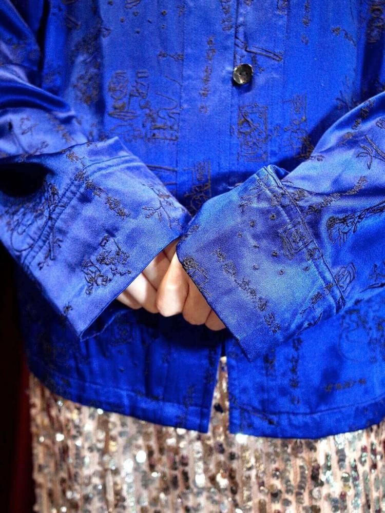 Royal Blue Silk Satin Embroidery China Jacket