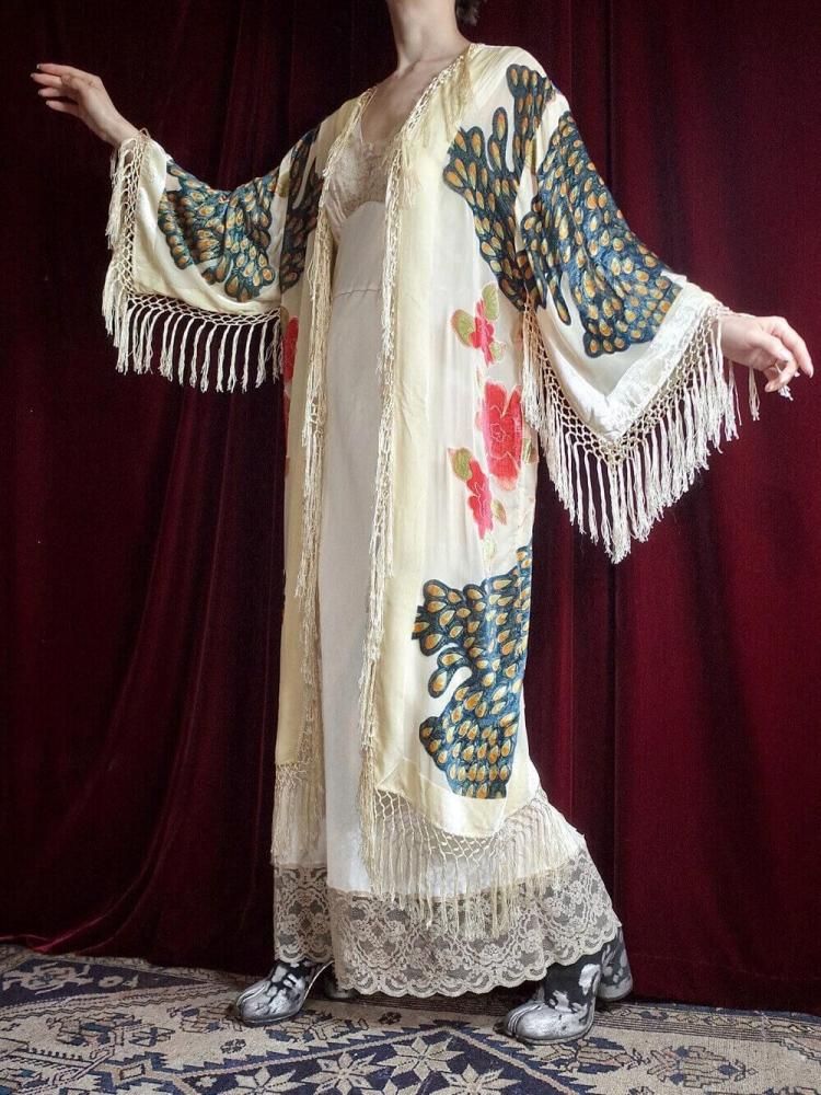 Peacock Velvet  Sheer Fringe Gown