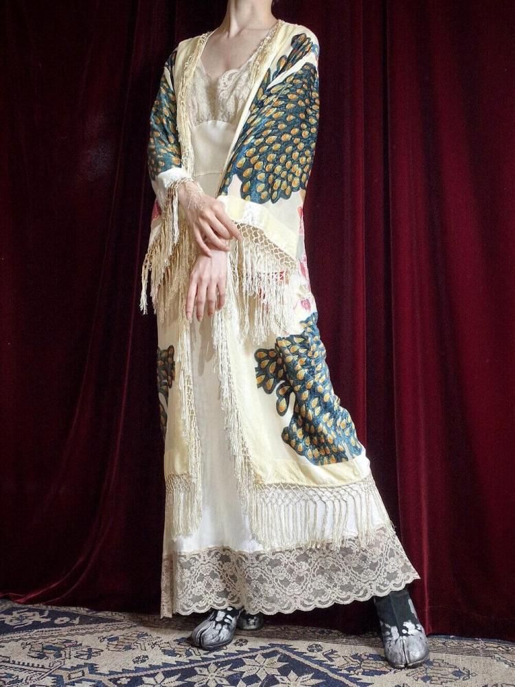 Peacock Velvet  Sheer Fringe Gown