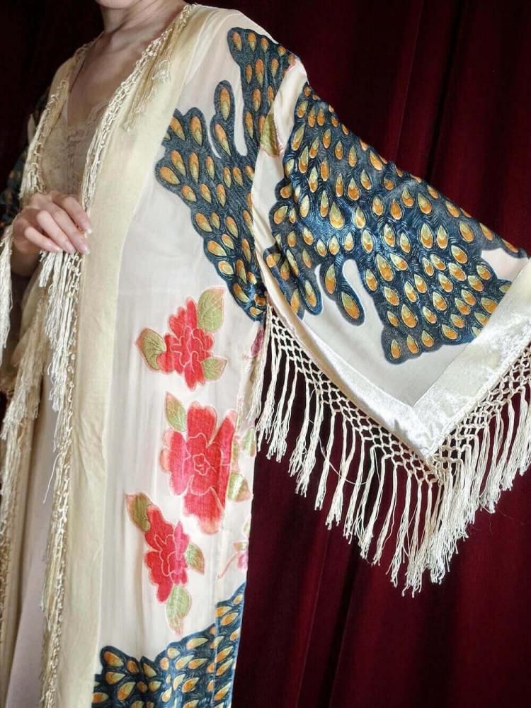 Peacock Velvet  Sheer Fringe Gown