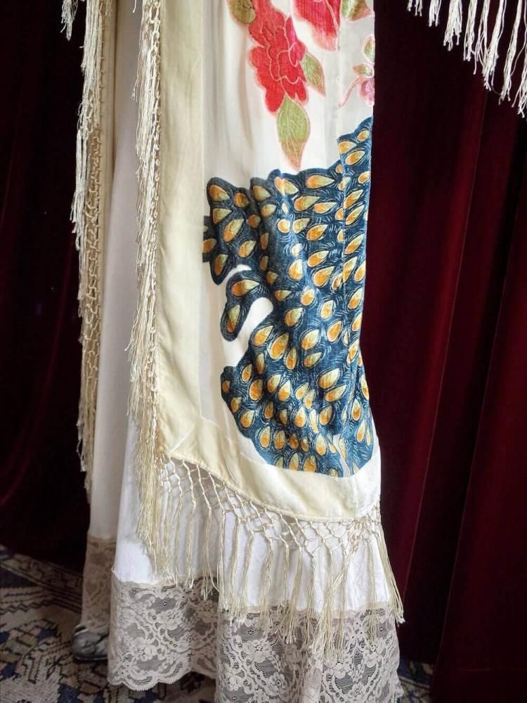 Peacock Velvet  Sheer Fringe Gown