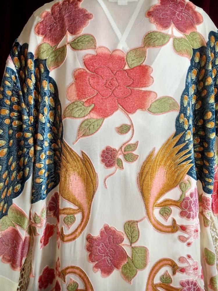 Peacock Velvet  Sheer Fringe Gown