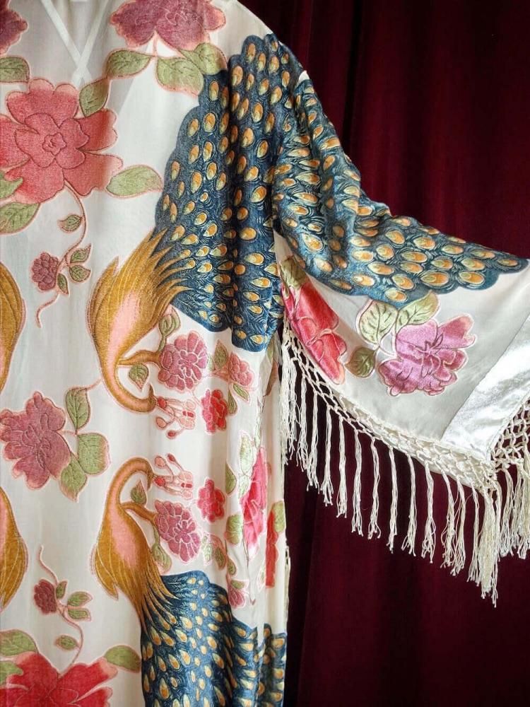 Peacock Velvet  Sheer Fringe Gown