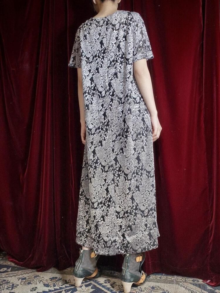 Silver Arabesque Velvet  Sheer Dress