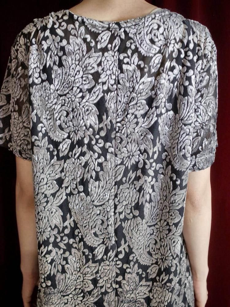 Silver Arabesque Velvet  Sheer Dress