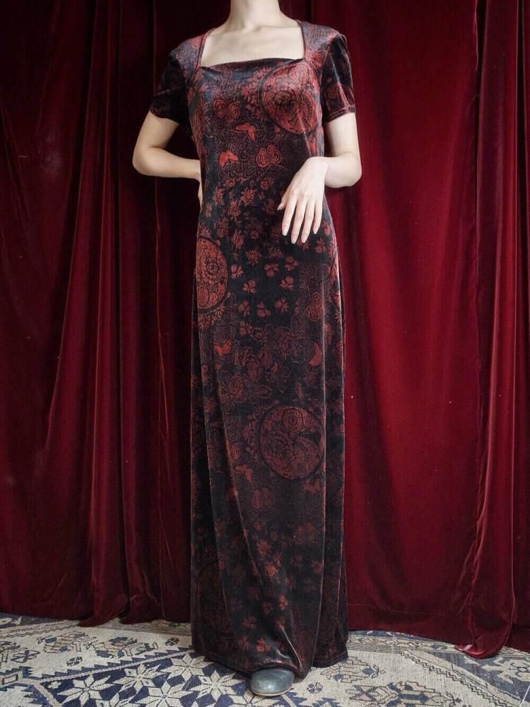 Oriental Velvet Square Neck Dress