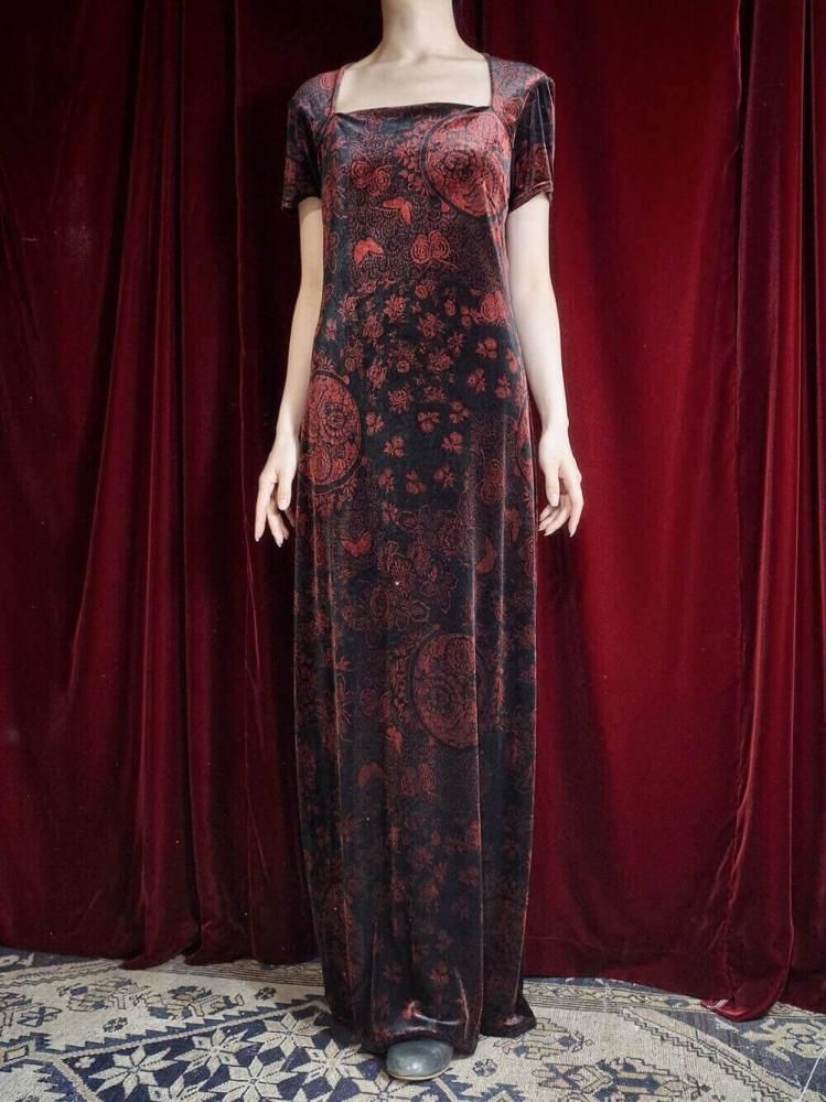 Oriental Velvet Square Neck Dress
