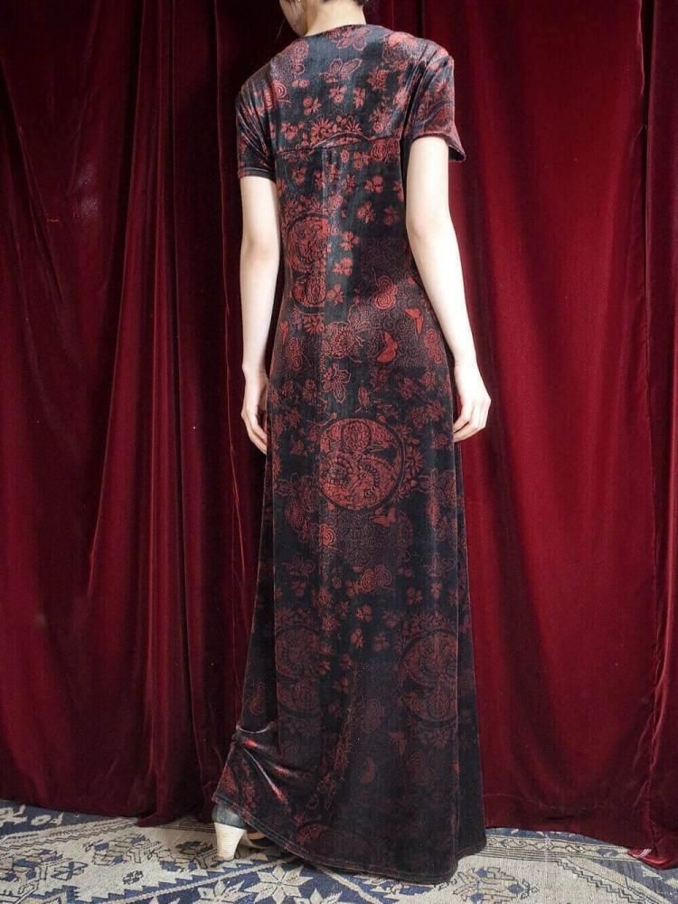 Oriental Velvet Square Neck Dress