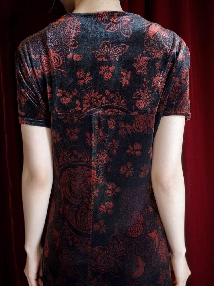 Oriental Velvet Square Neck Dress