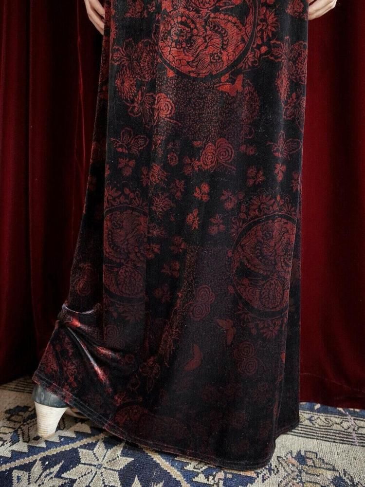 Oriental Velvet Square Neck Dress