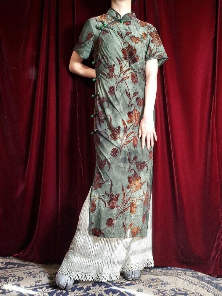 Velvet Floral Uneven Green China Dress