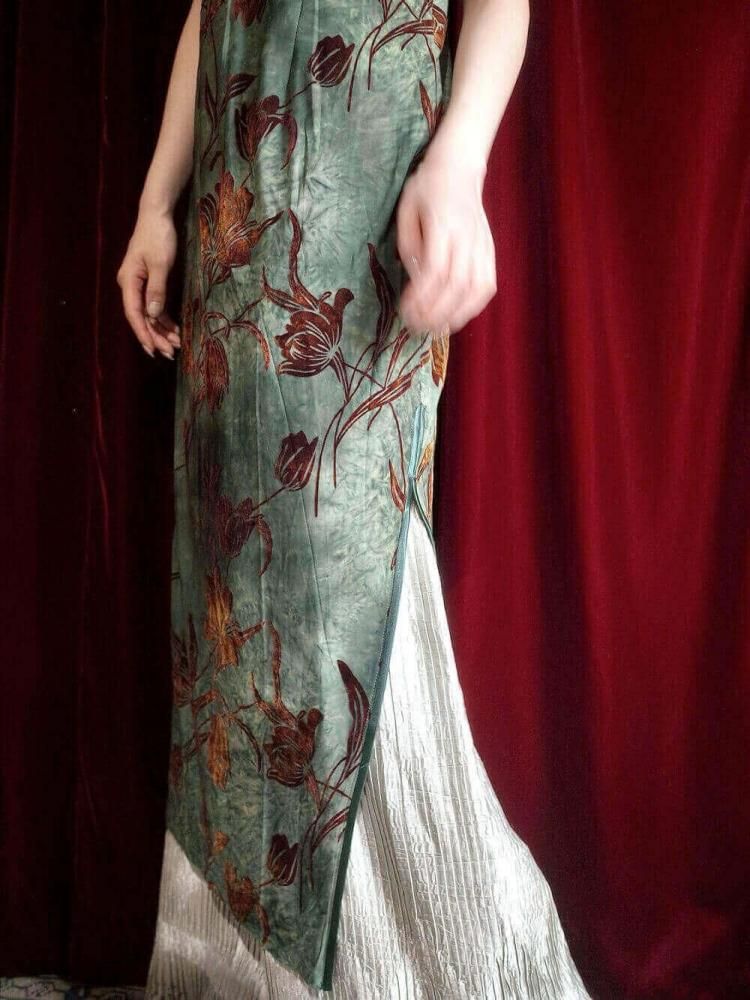 Velvet Floral Uneven Green China Dress