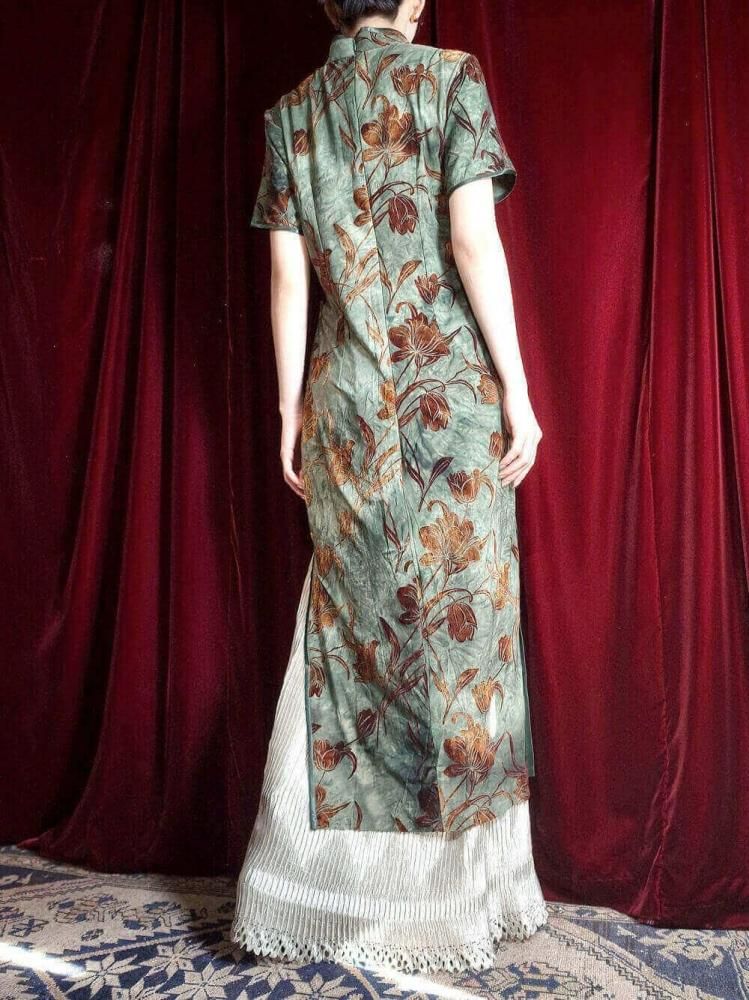 Velvet Floral Uneven Green China Dress