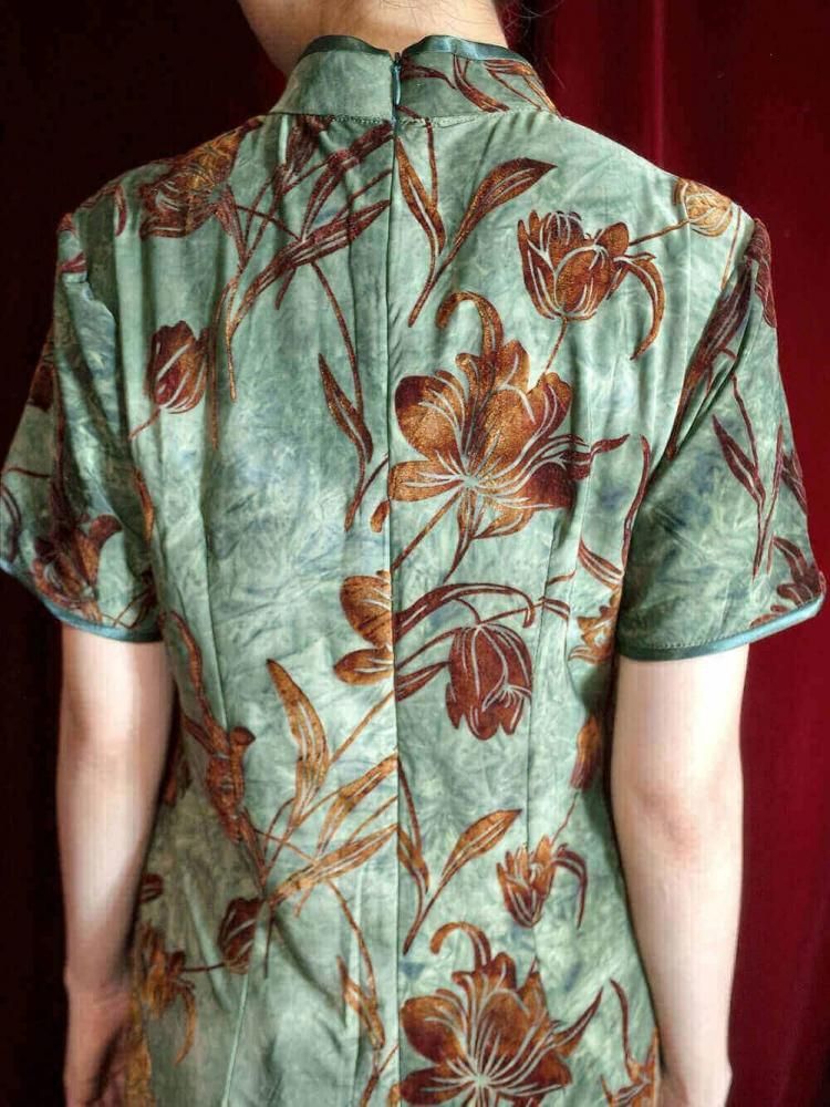 Velvet Floral Uneven Green China Dress