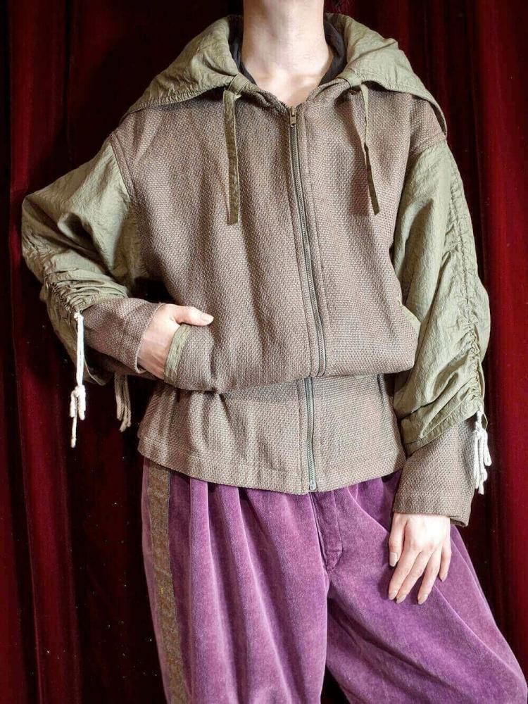 Shirring Sleeves & Split Hood Contrasting Materials Blouson