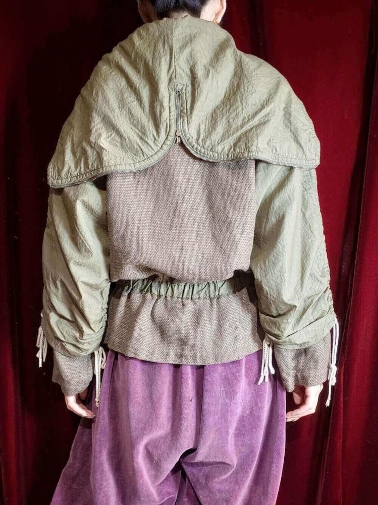 Shirring Sleeves & Split Hood Contrasting Materials Blouson