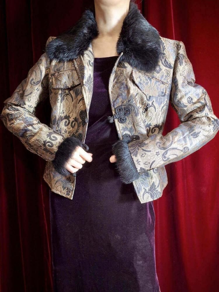 Bronze Arabesque Fur Collar  China Buttons Jacket