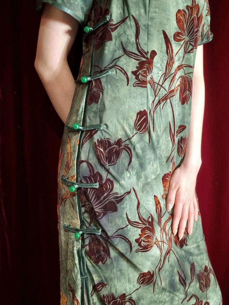 Velvet Floral Uneven Green China Dress