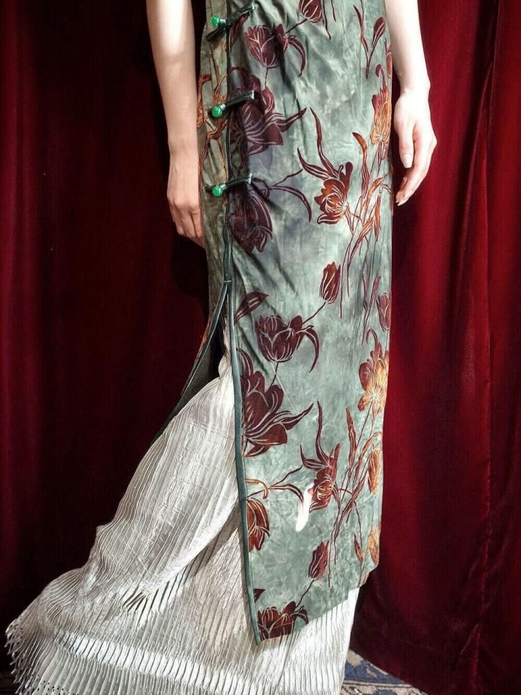 Velvet Floral Uneven Green China Dress