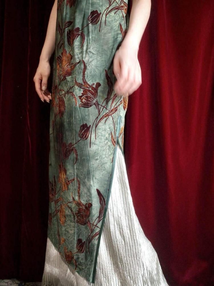 Velvet Floral Uneven Green China Dress