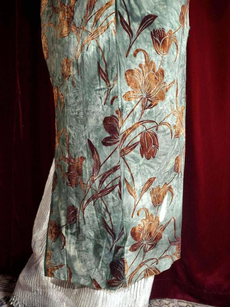 Velvet Floral Uneven Green China Dress