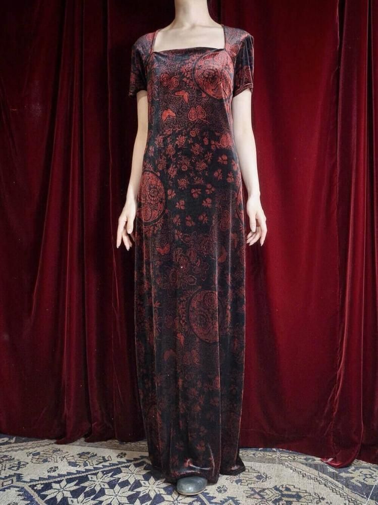 Oriental Velvet Square Neck Dress