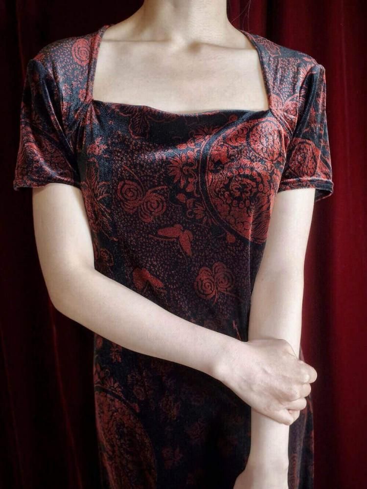 Oriental Velvet Square Neck Dress