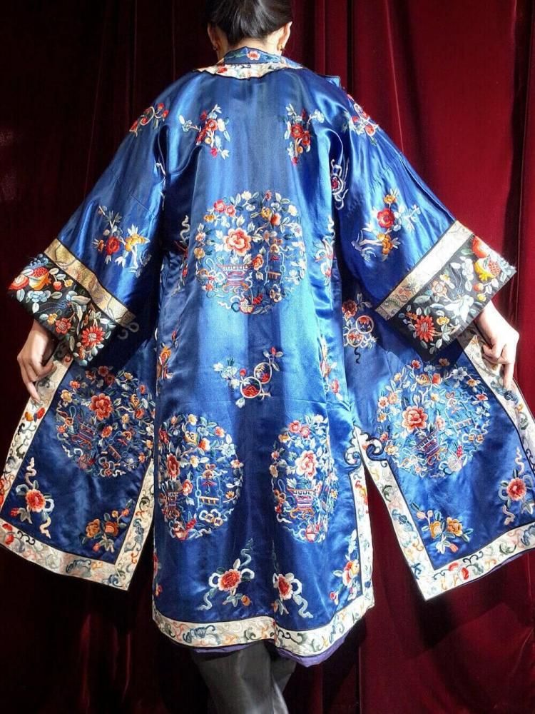 c.1920~30s Antique China Embroidery Silk Gown / Black Sleeves