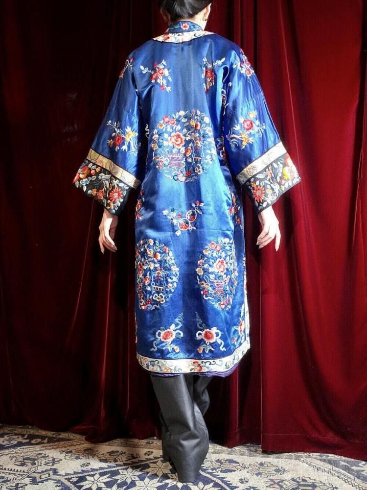 c.1920~30s Antique China Embroidery Silk Gown / Black Sleeves
