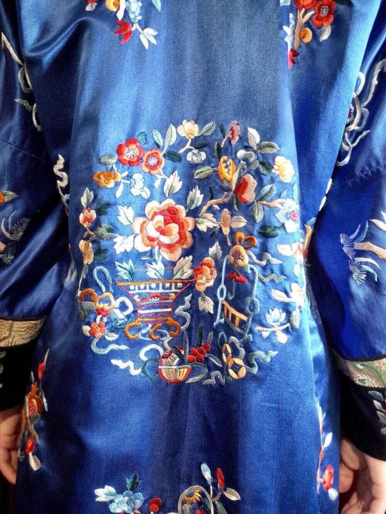 c.1920~30s Antique China Embroidery Silk Gown / Black Sleeves