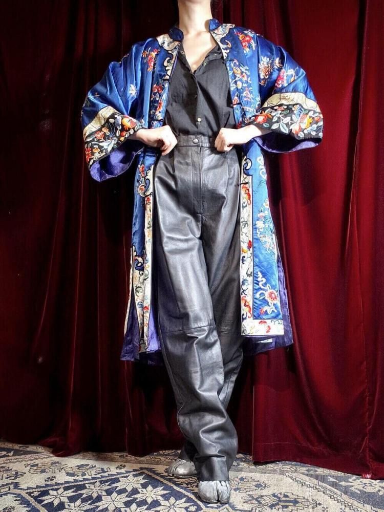 c.1920~30s Antique China Embroidery Silk Gown / Black Sleeves