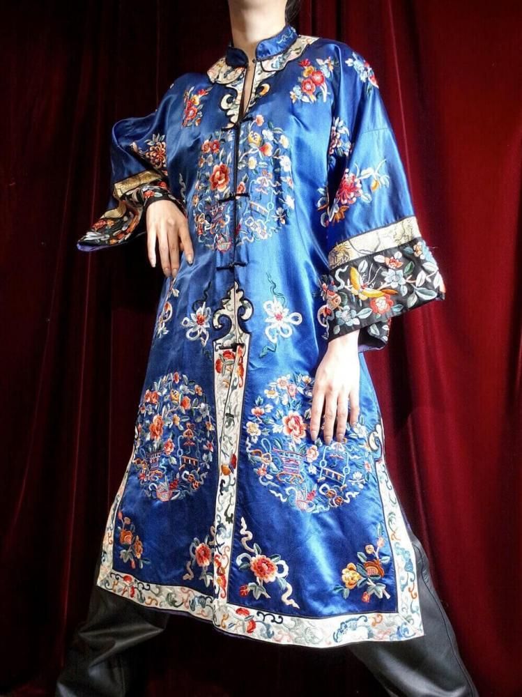 c.1920~30s Antique China Embroidery Silk Gown / Black Sleeves