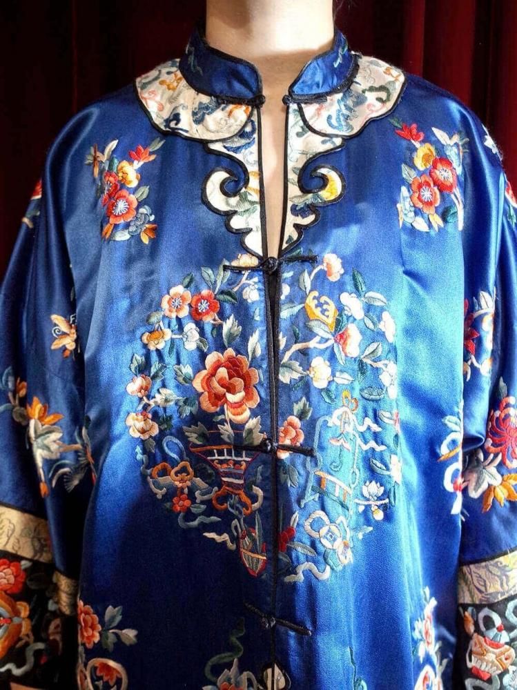 c.1920~30s Antique China Embroidery Silk Gown / Black Sleeves