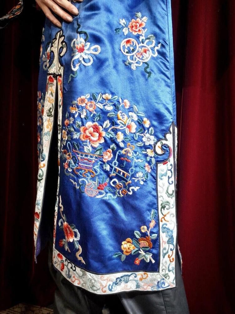 c.1920~30s Antique China Embroidery Silk Gown / Black Sleeves