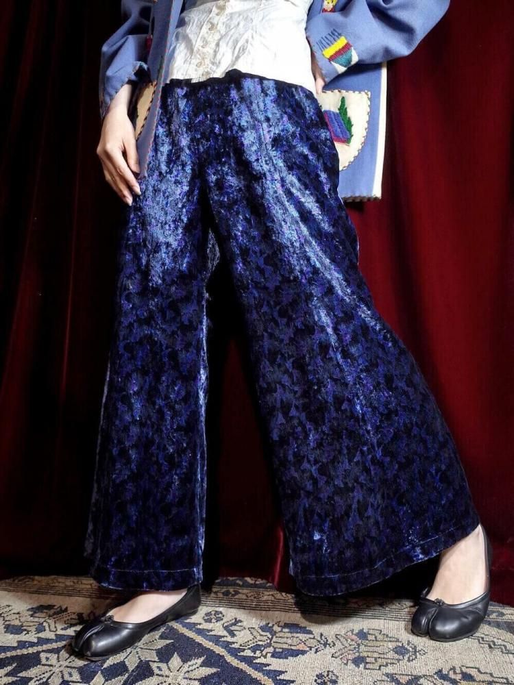 Blue Purple Floral Velvet Wide Pants