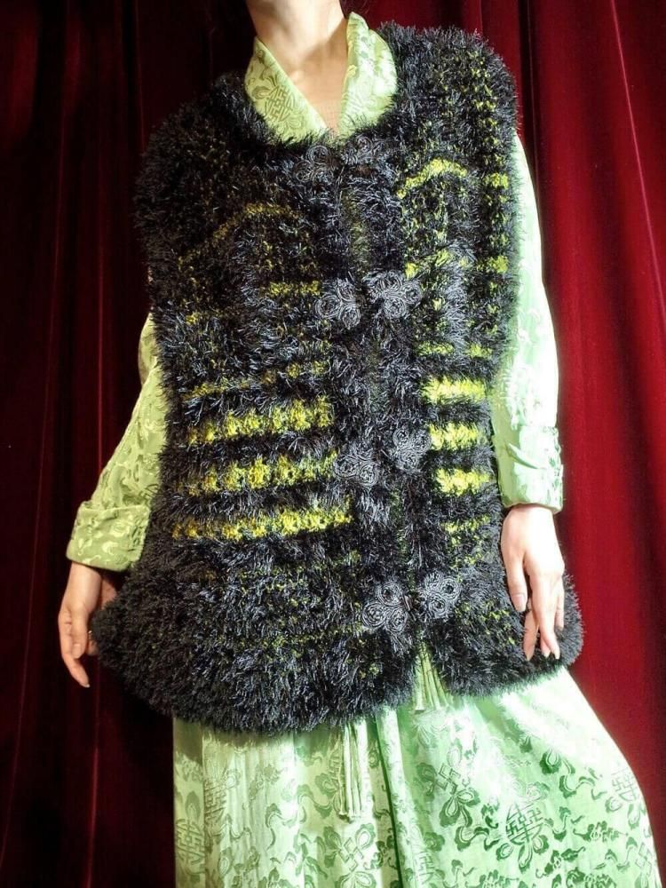 Black & Green Shaggy Knit Vest