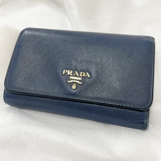 PRADA プラダ 三つ折り財布 サフィアーノレザー ネイビー ブルー ...