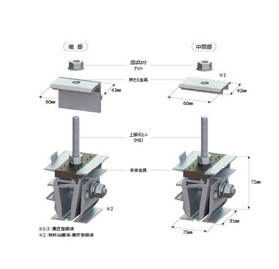 ソーラーパネル（太陽光パネル）取付金具 立平葺屋根用