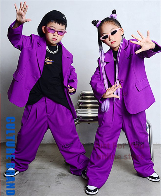 キッズダンス衣装 セットアップ HIPHOP 子供服 紫 スーツ ジャケット